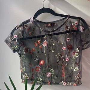 Black Mesh Floral Embroidered Crop Top